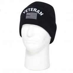Rothco Veteran With US Flag Fine Knit Watch Cap - Black Beanies